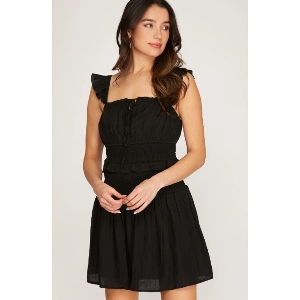 Skylar + Madison | Black Smocked Ruffle Mini Dress | Size Small - Picture 3 of 8